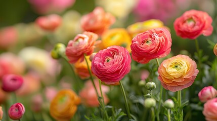 Obraz premium A vibrant flower garden with a variety of colorful ranunculus flowers.