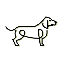 A stylized dog silhouette is rendered with black outline and light green shadow The dog stands on all four legs facing right