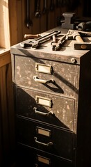 Vintage Metal Filing Cabinet with Tools in Workshop.