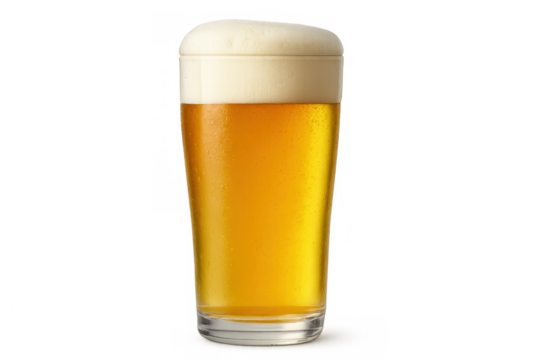 Cold beer glass with frosty foam showing refreshing golden lager, alcoholic beverage, transparent background