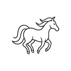 A stylized line drawing depicts a running horse with a flowing mane and tail against a stark 