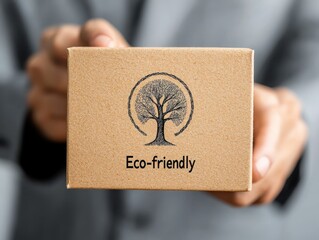 A person holds an eco-friendly box featuring a tree logo, symbolizing sustainability and environmental consciousness.