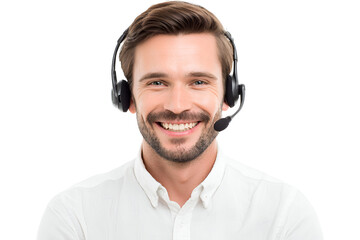 Friendly male customer service representative with headset smiling providing assistance showcasing positive communication expertise offering tech support over an isolated transparent