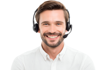 Friendly male customer service representative with headset smiling providing assistance showcasing positive communication expertise offering tech support over an isolated transparent