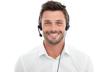 Professional customer service representative with headset smiling while assisting clients with technical support offering a helping hand as a friendly call center employee