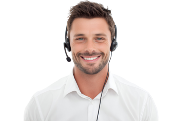 Professional customer service representative with headset smiling while assisting clients with technical support offering a helping hand as a friendly call center employee