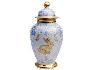 Elegant Porcelain Jar with Golden Rabbit and Blue Floral Motifs