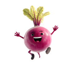 Cheerful cartoon beetroot character jumping with joy isolated on transparent background