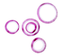 Obraz premium Top view set of fresh red or purple Spanish onion rings or slices in stack isolated on white background with clipping path