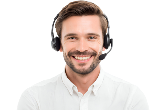 Friendly male customer service representative with headset smiling providing assistance showcasing positive communication expertise offering tech support over an isolated transparent - Powered by Adobe