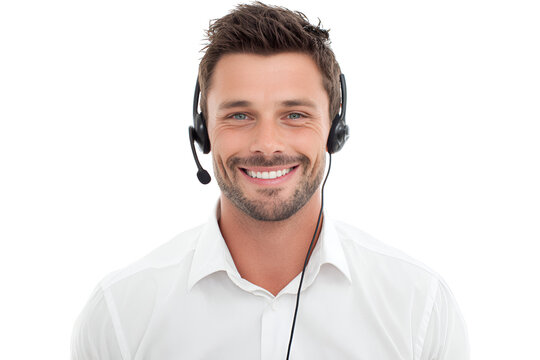 Professional customer service representative with headset smiling while assisting clients with technical support offering a helping hand as a friendly call center employee