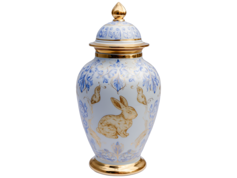 Elegant Porcelain Jar with Golden Rabbit and Blue Floral Motifs