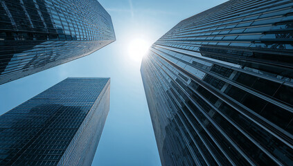 modern skyscrapers reaching towards the bright sun in a clear blue sky