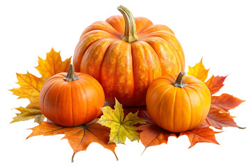 Ripe pumpkins, and maple leaves isolated on white background ,PNG. AI Generated 