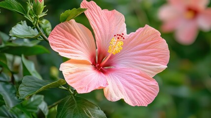 A pink hibiscus flower with green leaves in a garden setting.
