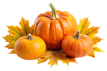 Ripe pumpkins, and maple leaves isolated on white background ,PNG. AI Generated 