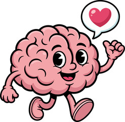 Cute brain cartoon character with heart showing love and intelligence