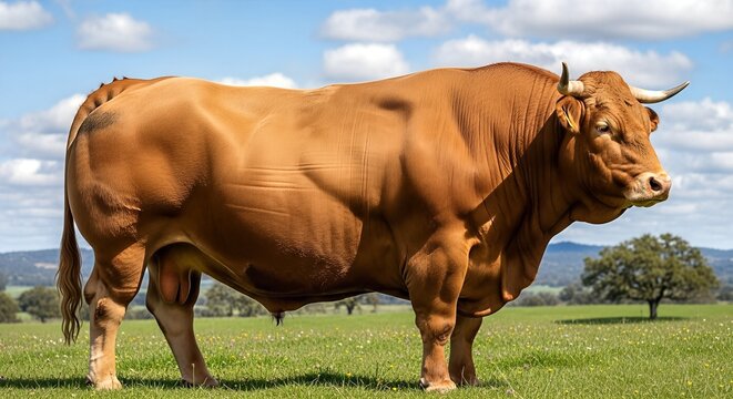 Magnificent Brown Bull Standing Firmly on a Green Meadow on a Sunny Day with Blue Sky