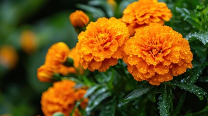 Three vibrant orange marigolds with water droplets on their petals, set against a blurred green background.
