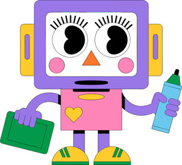 Cheerful robot ready to draw and create with crayon and tablet
