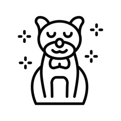 An outlined seated bearshaped design with closed eyes a bow tie and sparkling crosses in the corners