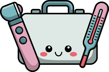 Cute medical kit with happy face, thermometer and electric toothbrush