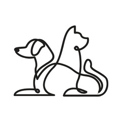 Black line art depicts a dog and cat seated backtoback The silhouettes are minimal and continuous with simple features