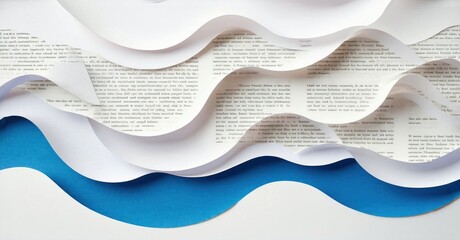 Paper waves over blue background. Text forms undulating shapes, creating ocean imagery. Minimalist design, artistic expression.