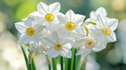 A bouquet of white daffodils with yellow centers, set against a blurred green background.