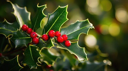 A close-up of a holly plant with red berries on a green leafy branch, set against a blurred green background.