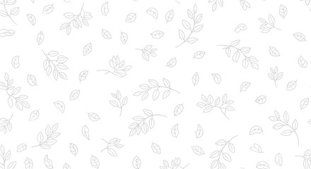 Subtle hand-drawn seamless pattern featuring delicate outlines of various leaves and branches scattered across a pristine white background.