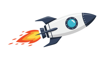 A stylized white and blue rocket with a fiery exhaust trails upwards, symbolizing launch, innovation, and ambitious progress.