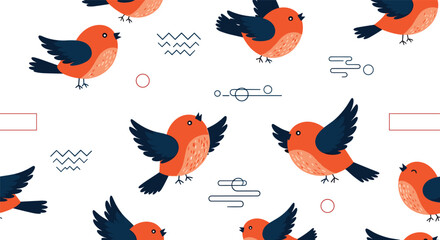 Seamless pattern of adorable orange and blue birds with various minimalist geometric shapes on a pristine white background.