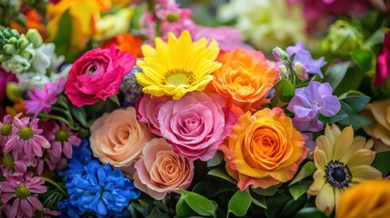 Naklejka premium A vibrant bouquet of colorful flowers, including roses, daisies, and other flowers, arranged in a lush, colorful display.