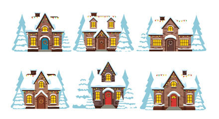 Various charming winter houses adorned with snow and colorful Christmas lights, creating a festive holiday village scene.