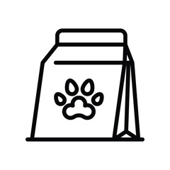 Black line drawing of pet food bag with paw print