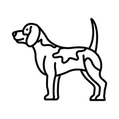 Black outline drawing of a shorthaired dog with patches Dog is standing in profile view