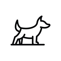 Black outline drawing of a dog standing with pointed ears and tail up on a line