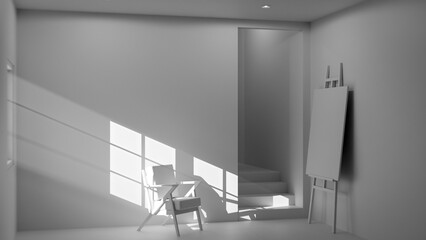 Minimalist 3D interior render of an empty art studio or contemplation room. Wood and fabric chair bathed in strong afternoon sun and shadow. Modern, empty room with easel and stairs. Concept for peace