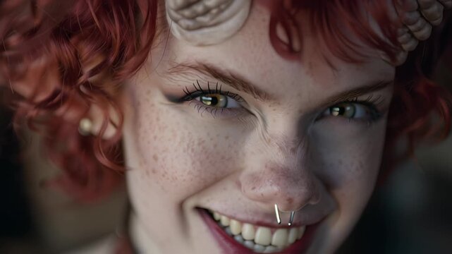 Intense demon girl stares with horns and nose ring.