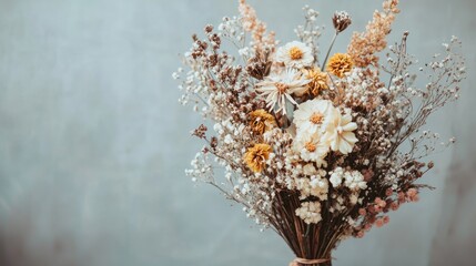 A dried flower arrangement with white and yellow flowers and brown stems on a blue background.
