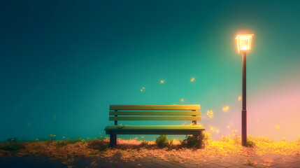 幻想的な夕暮れに輝く街灯とベンチ、舞い散る光の葉