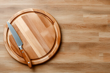 キッチンに置かれた丸い木製まな板と包丁