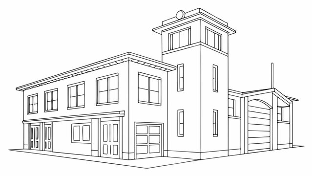 Detailed blueprint of a fire station with a tower, perfect for architectural drawings, city planning, or educational materials about community services