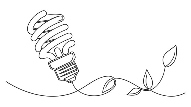 Inspiring eco-friendly innovation, a single line art showing energy-saving lamp with growing leaves, symbolizing sustainability and environmental consciousness beautifully - Powered by Adobe