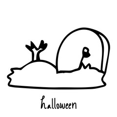 Spooky graveyard scene featuring a spectral hand emerging from the earth, perfect for Halloween illustrations and festive design projects