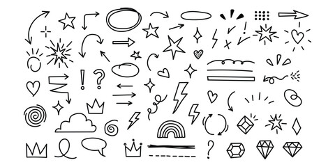 Sketch line arrow element, star, heart shape. Hand drawn doodle sketch style circle, cloud speech bubble grunge element set. Arrow, star, heart brush decoration. Vector illustration