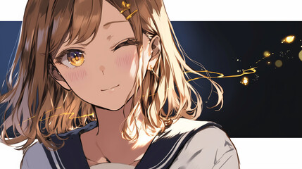 ウインクするセーラー服の少女　金色の瞳が輝く笑顔のアニメイラスト