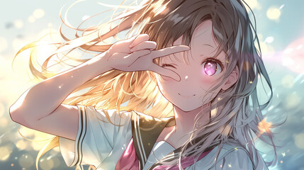光の中でウインクするセーラー服の少女　キラキラ輝く笑顔のアニメイラスト