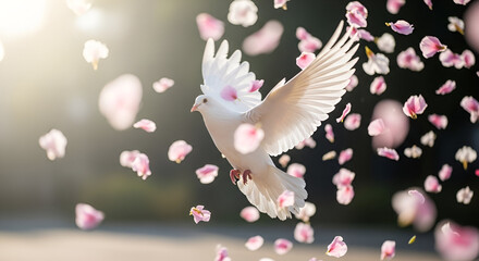 Dove carrying pink flower soars through golden light